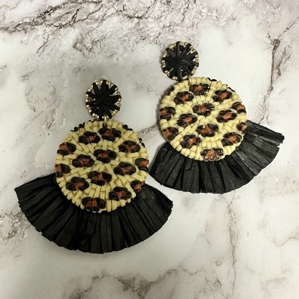 3/$30 Raffia Fan Earrings Leopard Print Black Tan Statement Dangle Boho 2.75"